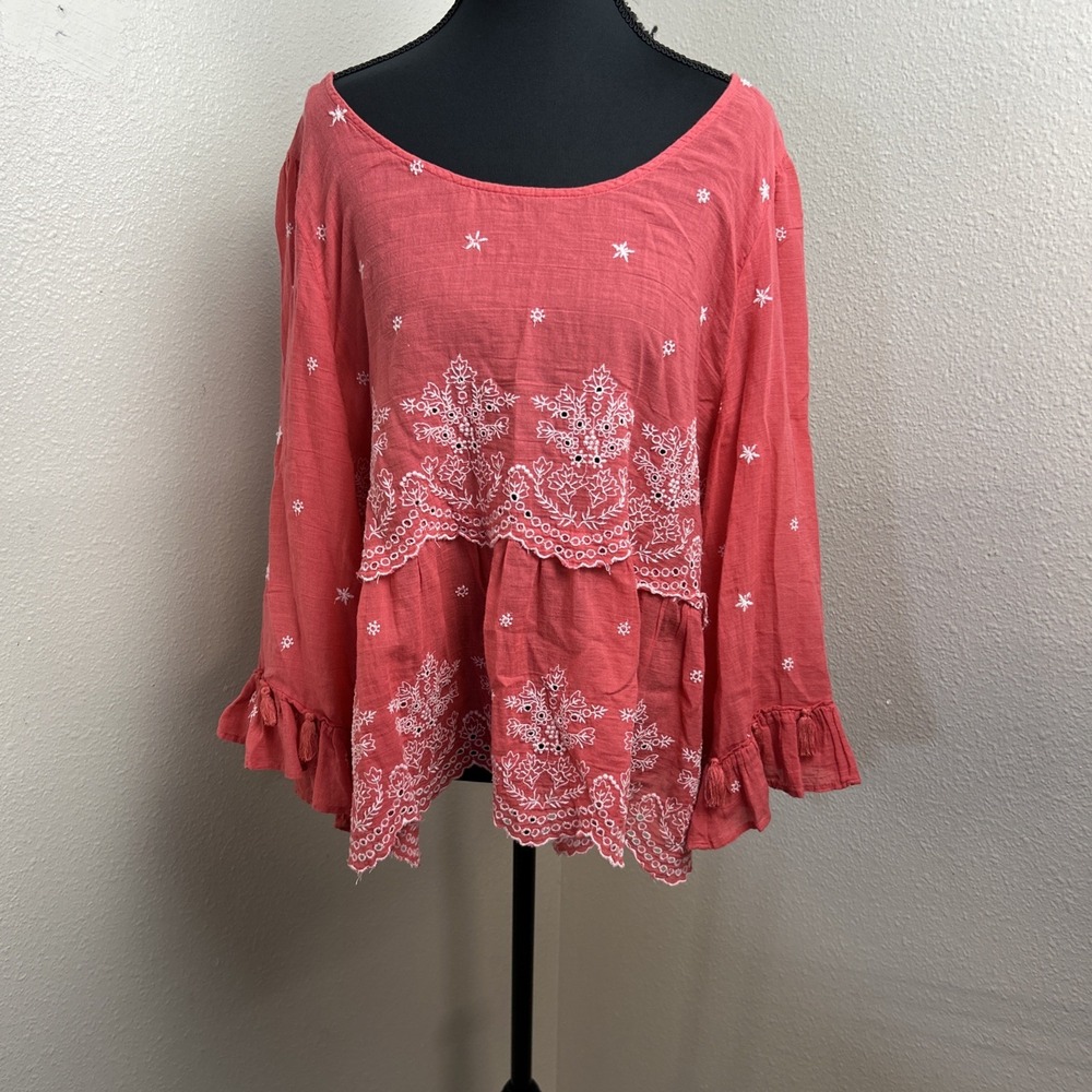 American Eagle Top‎ Women's 2XL Pink White Floral Embroidered Boho Gauzy Peasant